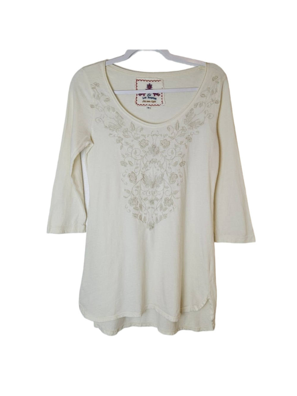 Johnny Was Tunic Top S Cream Embroidered 3/4 Sleeves Boho Floral